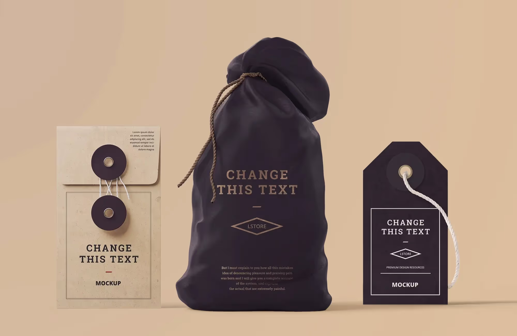 Bag, Box, Tag Mockups in front view | Top Selling Mockup