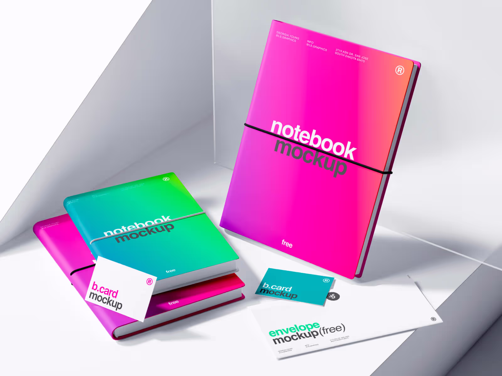 Free 3 Notebook and Business Cards with Envelope Mockup