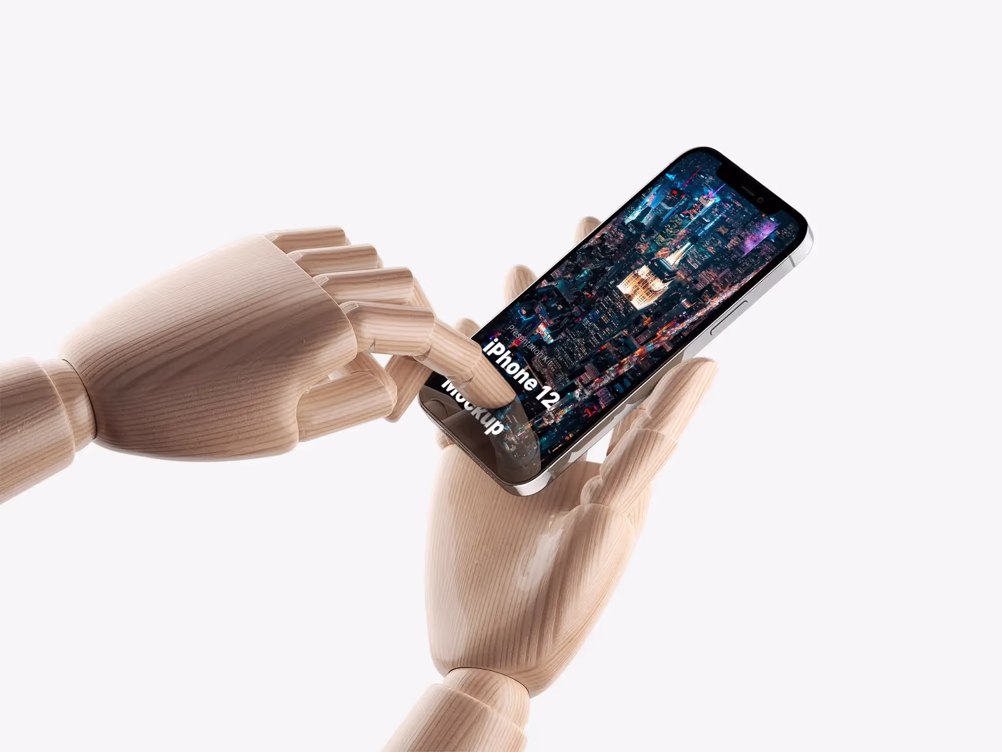 Wooden Hands iPhone 12 Pro Mockups | Available on ls.graphics